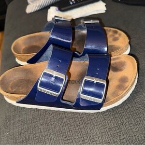Birkenstock Arizona Birko-Flor Blue Patent White Sole Sandals Narrow EU 38 US 7
